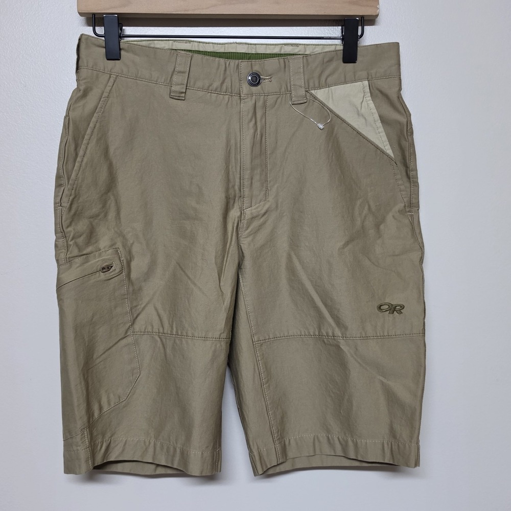 Outdoor Research Men's Flat Front Hiking Shorts in Khaki with Light Beige Trim